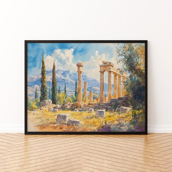 Olympia Greece Watercolor Poster Ancient Temple Ruins Cypress Trees