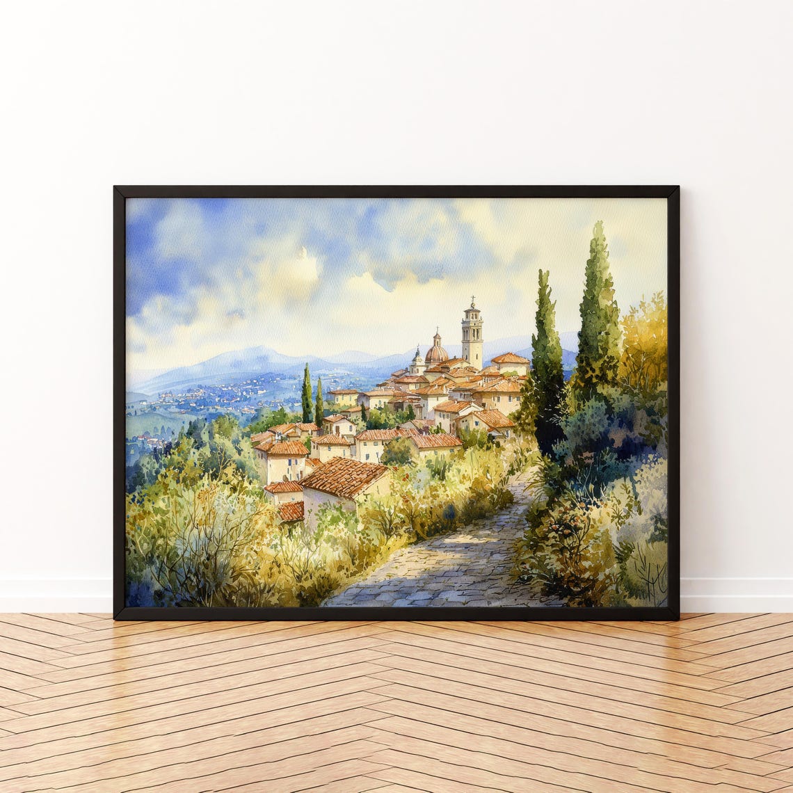 Bergamo Watercolor Poster Landscape Wall Art Hanging Home Dcor Gift Lovers Italy