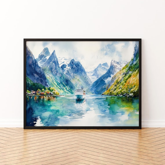 Norwegian Fjords Cruise Ship Watercolor Mountain Village Scene Poster