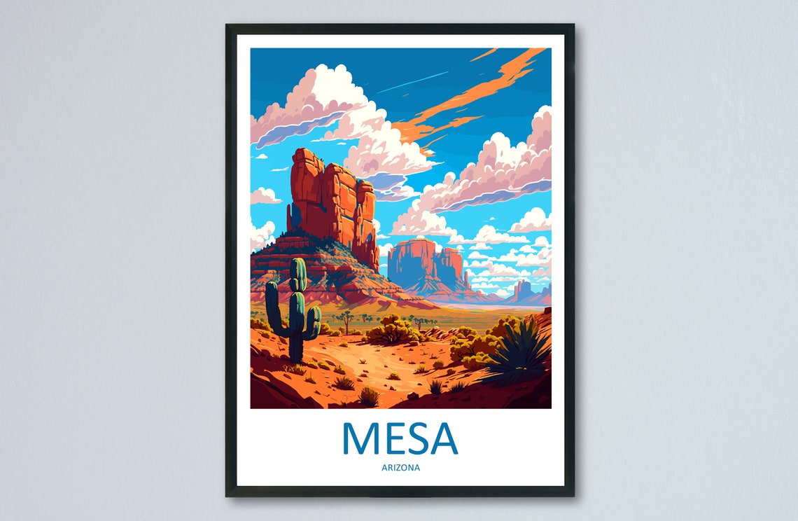 Mesa Arizona Red Rock Desert Poster with Saguaro Cactus Valley View