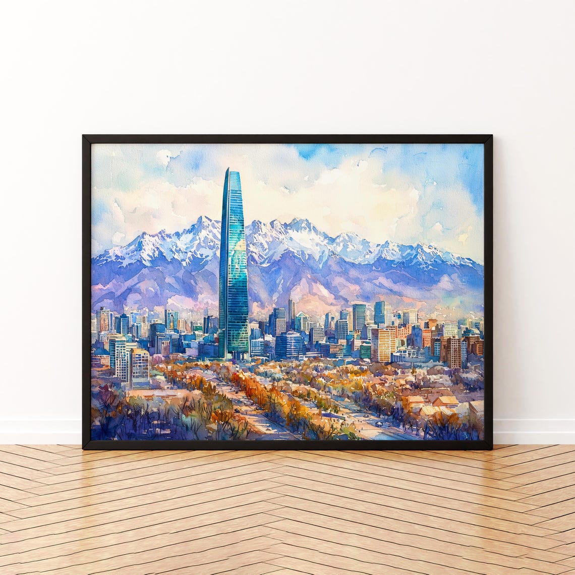 Santiago Watercolor Poster Landscape Wall Art Hanging Home Dcor Gift Lovers Chile