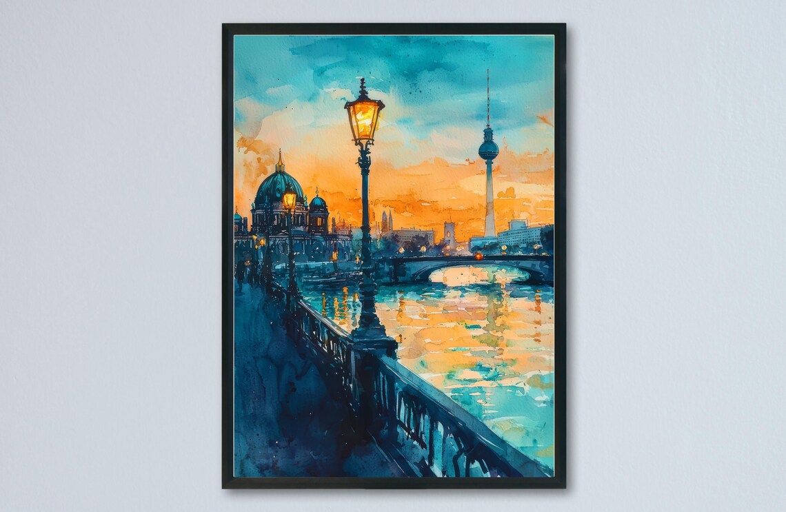 Berlin Golden Sunset TV Tower Cathedral Bridge Watercolor Poster