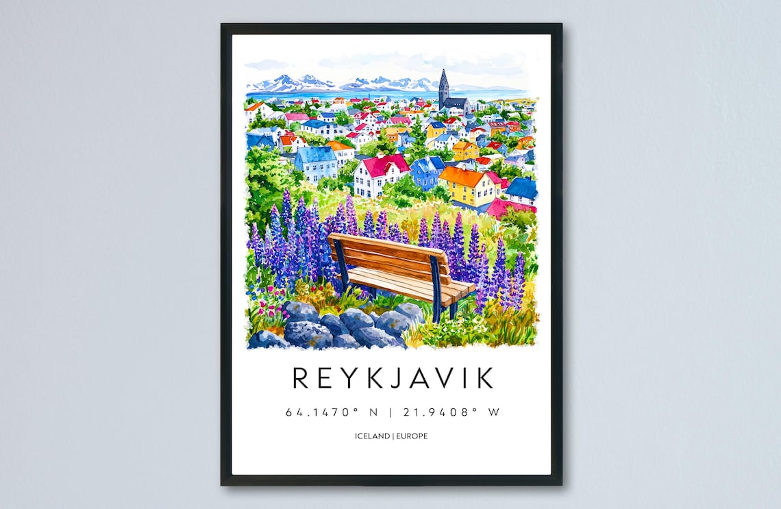 Reykjavik Watercolor Travel Poster, Iceland Decor