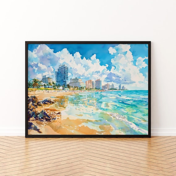 South Beach Miami Florida Skyline Turquoise Waves Watercolor Poster
