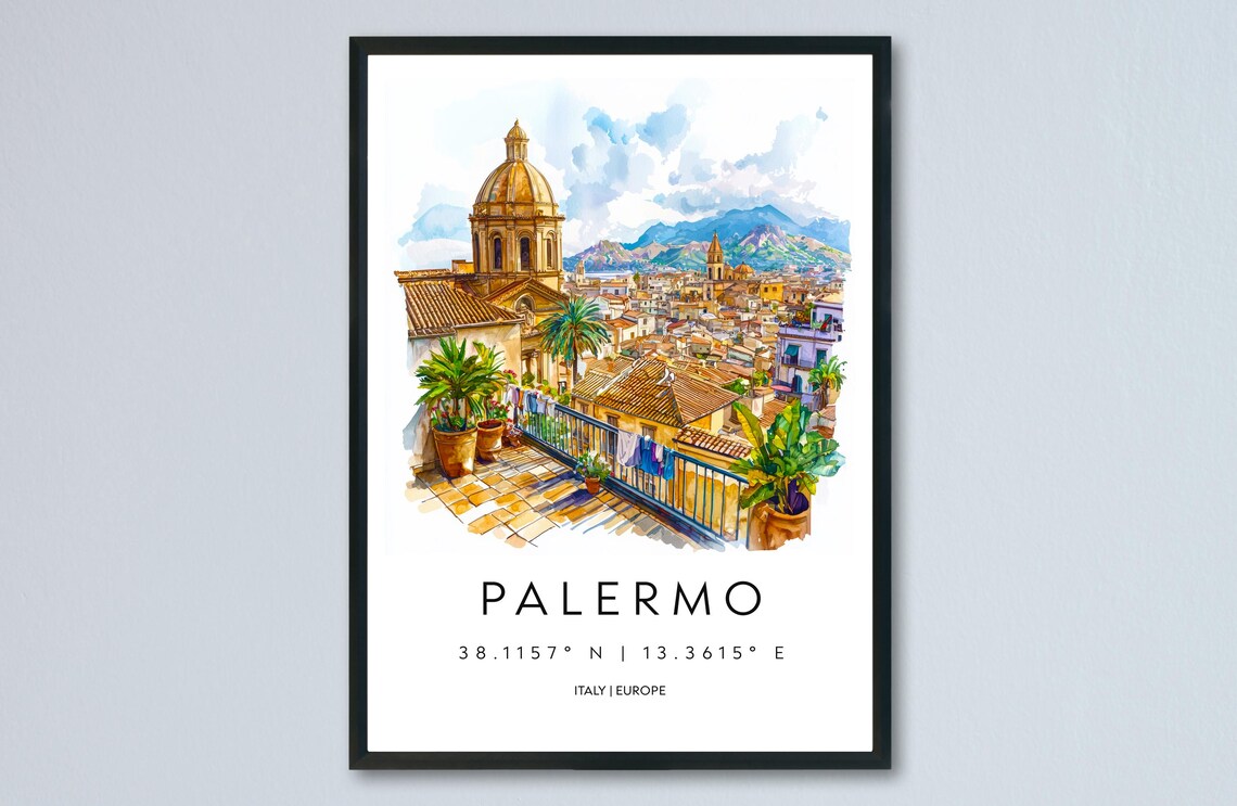 Palermo Italy Terrace Dome Cityscape Watercolor Travel Poster