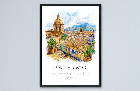 Palermo Italy Terrace Dome Cityscape Watercolor Travel Poster