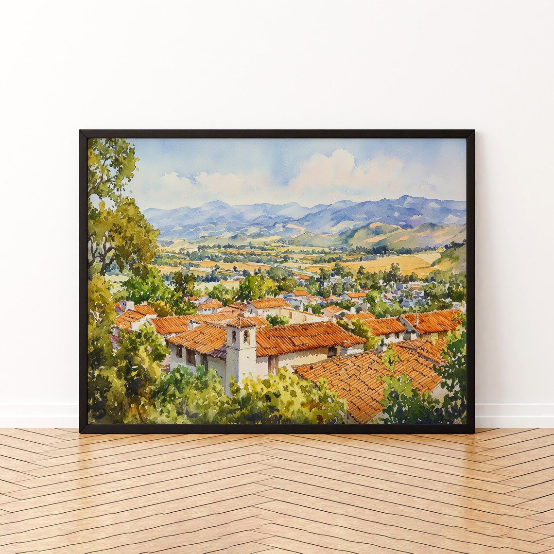 San Luis Obispo Watercolor Spanish Roofs Valley Mountains Travel Poster