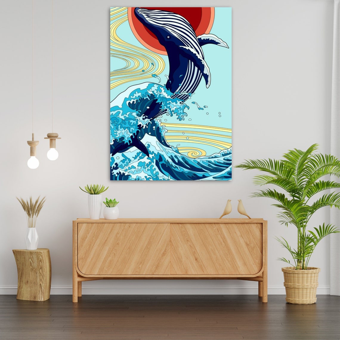 Humpback Whale Breaching Over A Japanese Wave With Red Sun Art Poster - Image 3