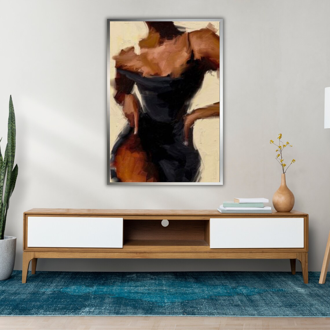 Woman Black Dress Abstract Beige Background Painterly Elegant Portrait Art Print - Image 2