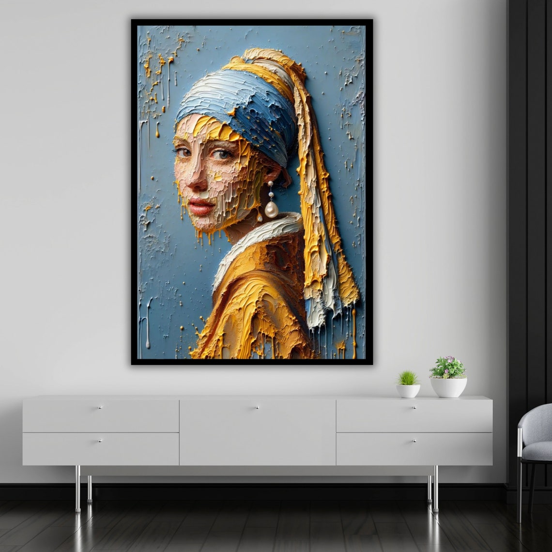 Vermeer Girl With A Pearl Earring Textured Impasto Blue Gold Art Print - Image 5
