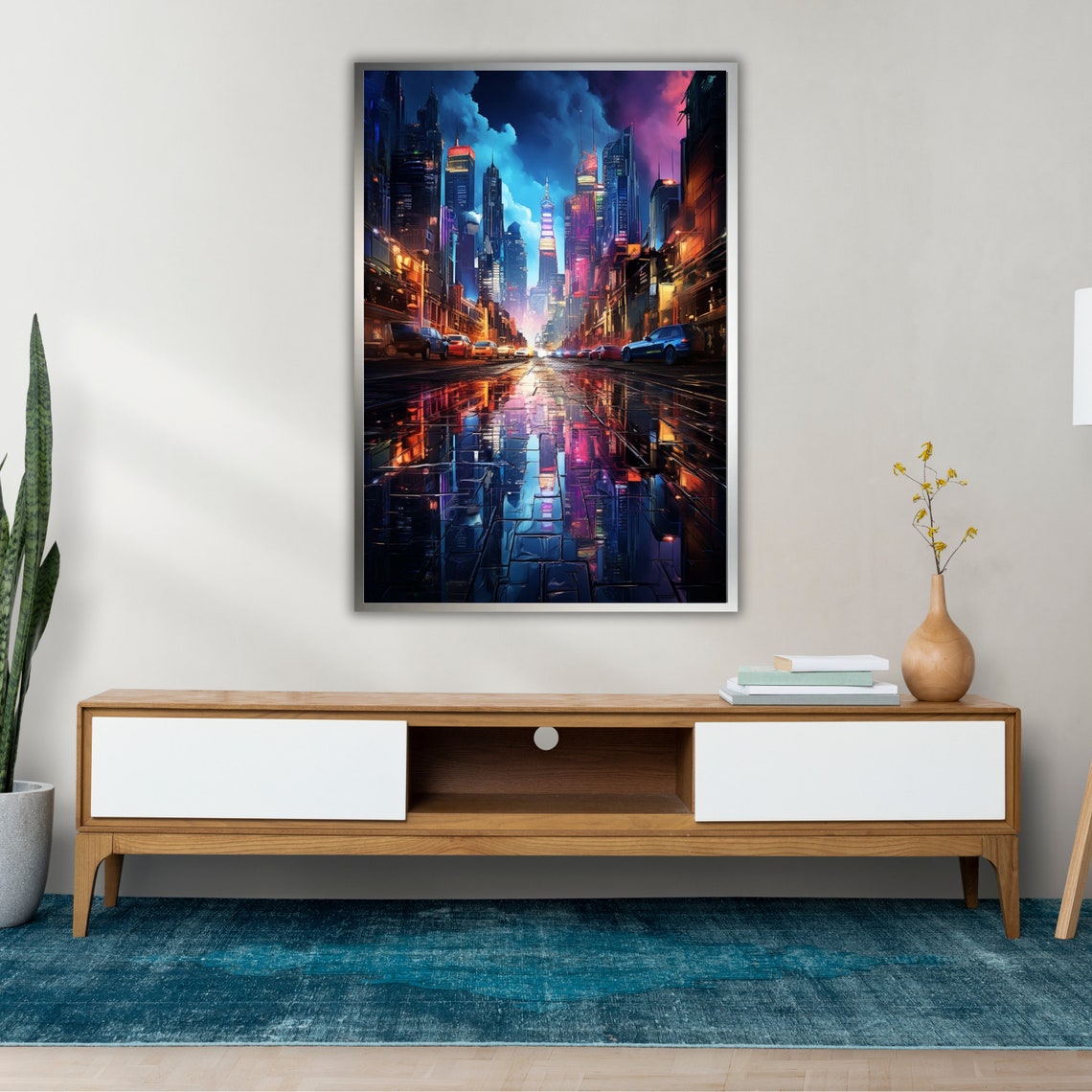 Neon City Street Night Skyscrapers Wet Reflections Cyberpunk Poster - Image 2
