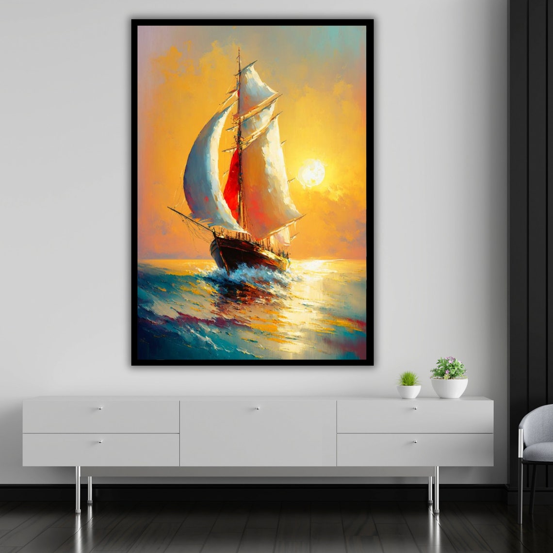 Classic Sailboat Golden Sunset Ocean Waves Impressionist Art Print - Image 4