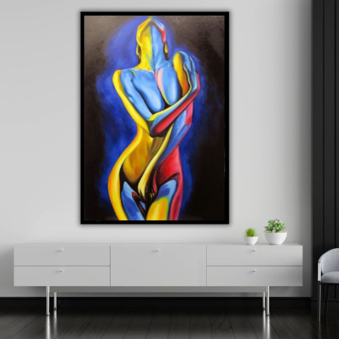 Colorful Abstract Nude Female Figure Blue Yellow Red Expressive Art Print - Image 4