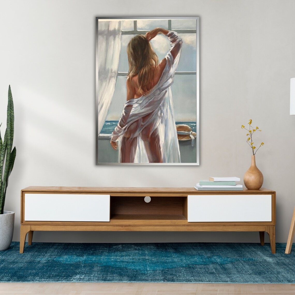 Woman At Open Window With Ocean View White Sheer Dress Seaside Art Print - Image 2