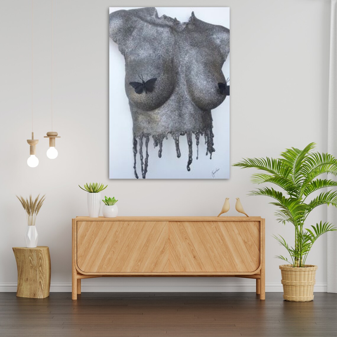 Metal Female Torso Sculpture Butterflies Surreal Grey Modern Wall Art Print - Image 3