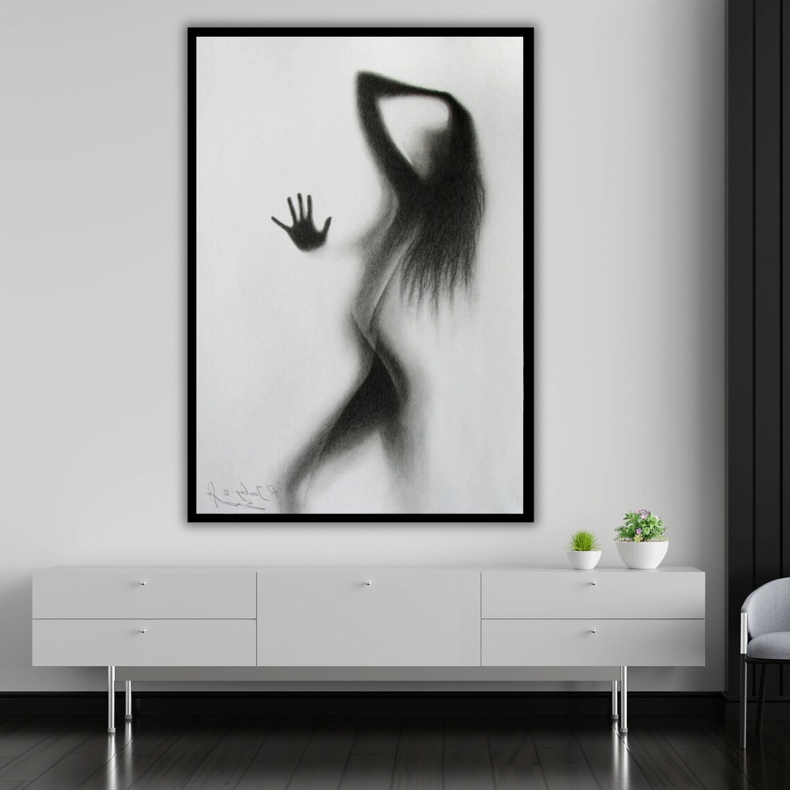 Charcoal Sketch Of Woman Silhouette Behind Glass With Handprint Wall Art - Image 5