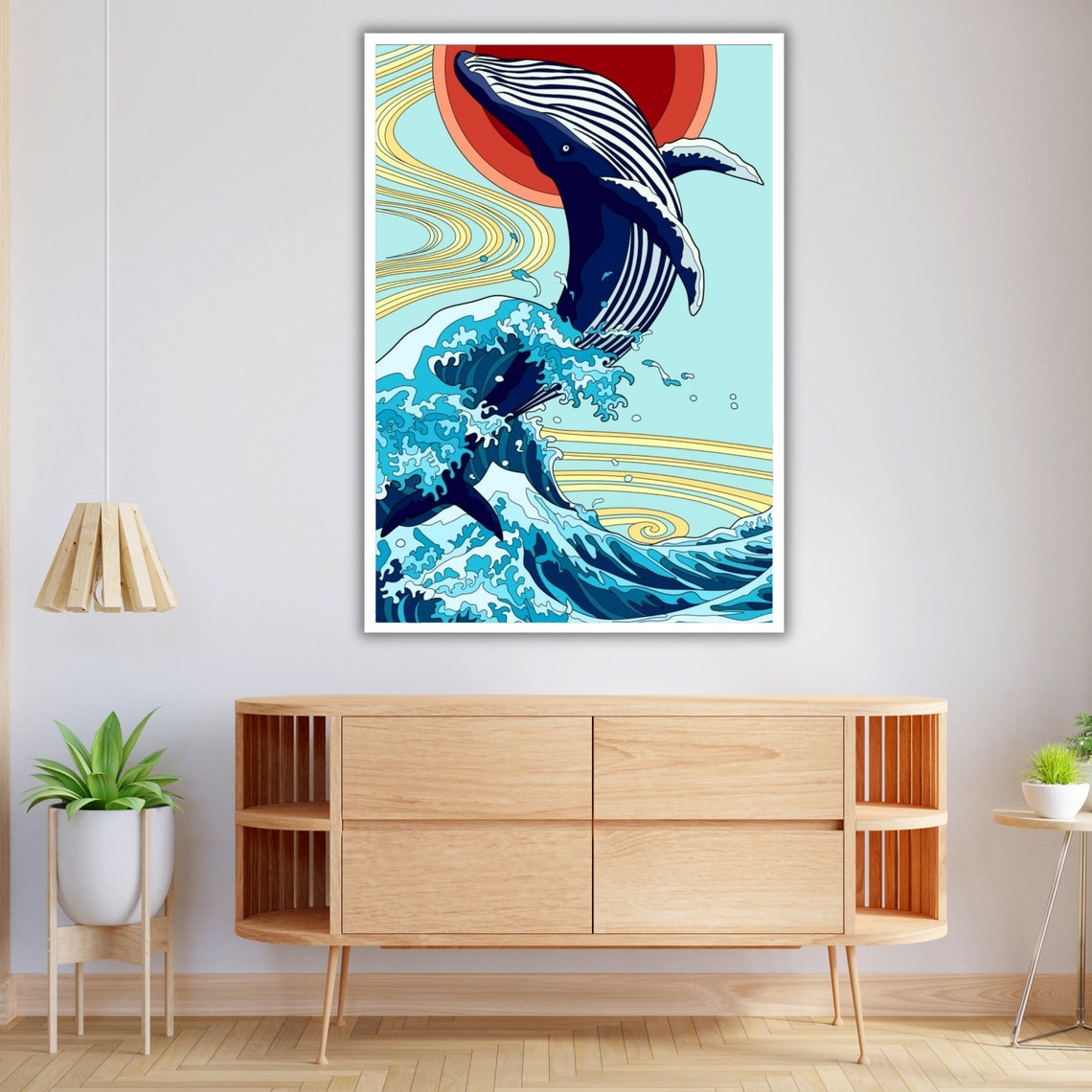 Humpback Whale Breaching Over A Japanese Wave With Red Sun Art Poster - Image 4