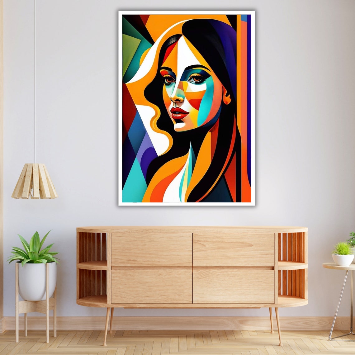 Geometric Cubist Woman Portrait Bold Orange Teal Abstract Poster - Image 3