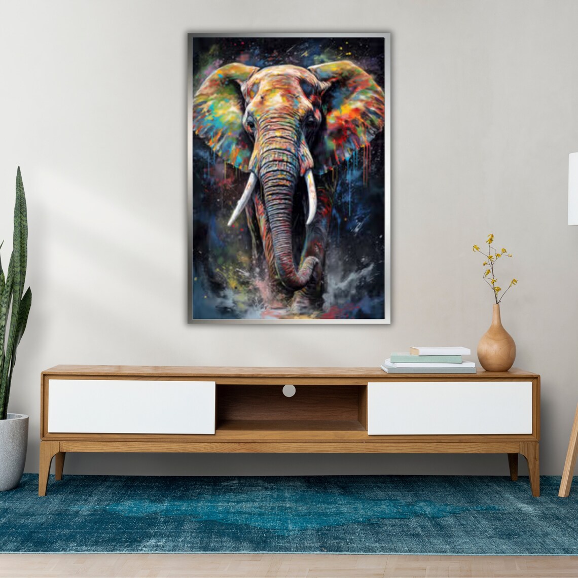 Colorful Elephant Paint Splashes Dramatic Dark Background Wildlife Art Print - Image 4