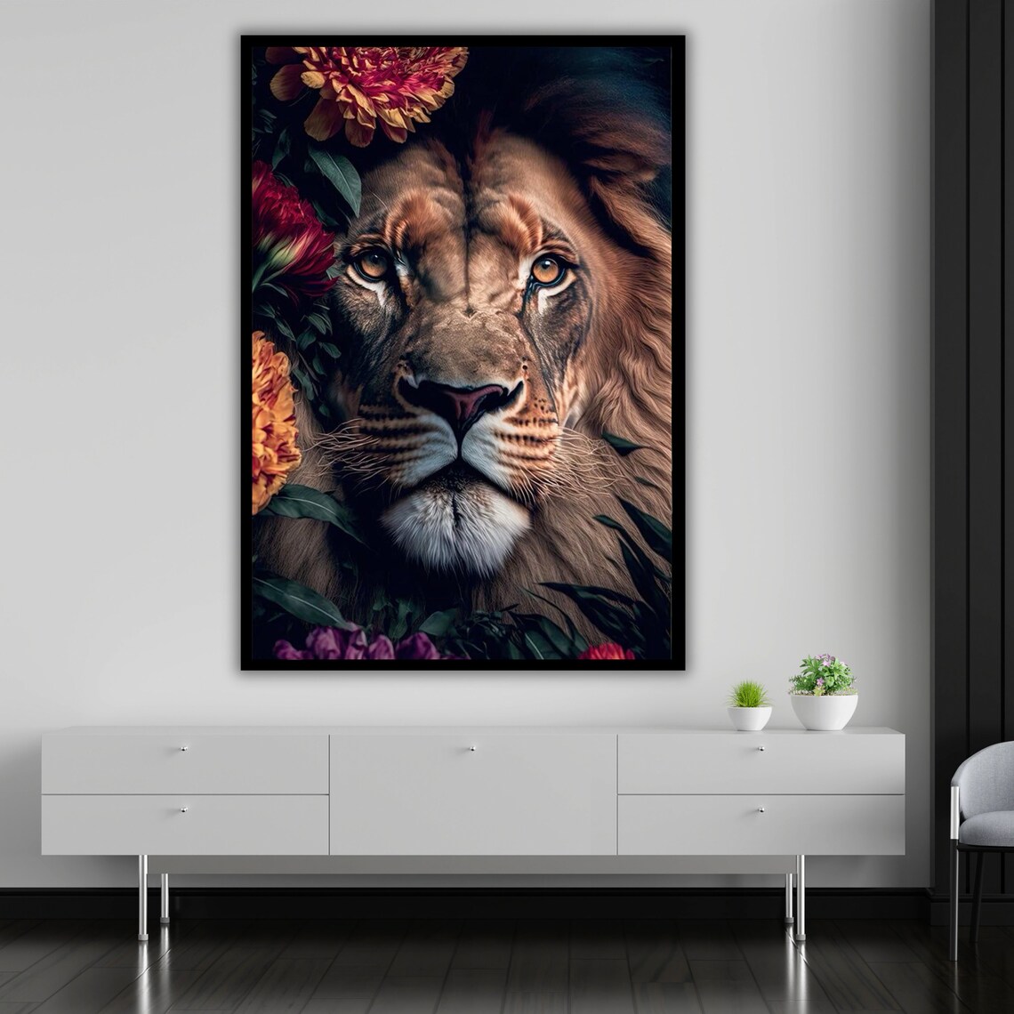 Majestic Lion Face Floral Crown Dramatic Dark Wildlife Portrait Art Print - Image 5