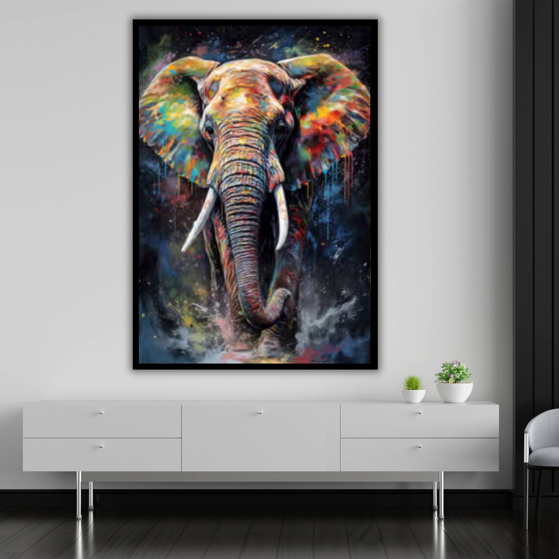 Colorful Elephant Paint Splashes Dramatic Dark Background Wildlife Art Print - Image 5
