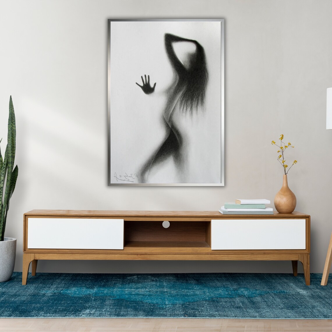 Charcoal Sketch Of Woman Silhouette Behind Glass With Handprint Wall Art - Image 2