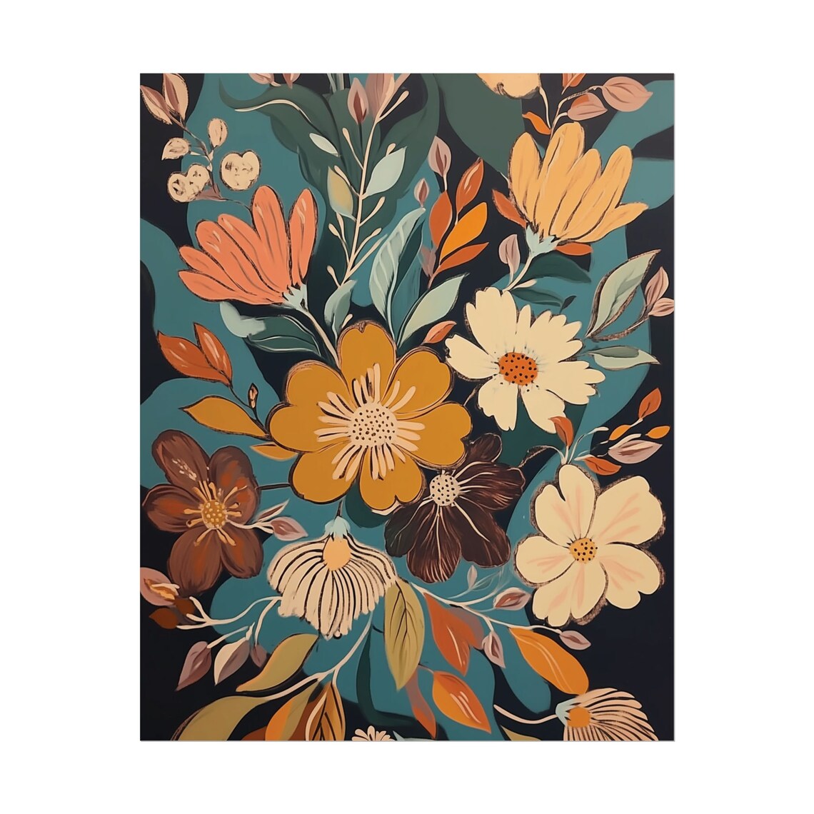 Retro Orange Gold Botanical Flowers Teal Midcentury Floral Art Poster - Image 2