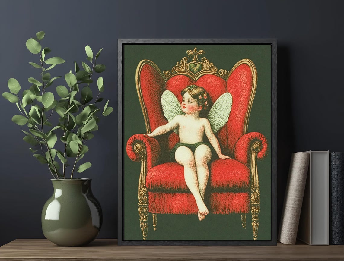 Vintage Cupid Cherub Red Gold Throne Romantic Valentine Art Poster - Image 6