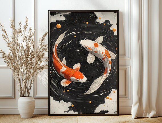 Koi Fish Theme Decor Vintage Minimalist Print Abstract Poster For Contemporary Bedroom Art