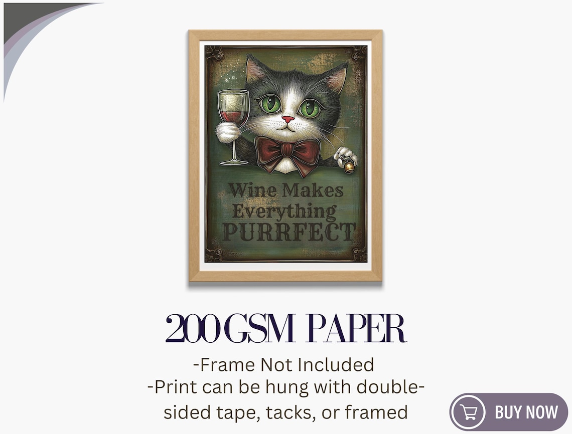 Wine Makes Everything Purrfect Tuxedo Cat Bow Tie Funny Wine Art Poster - Image 5