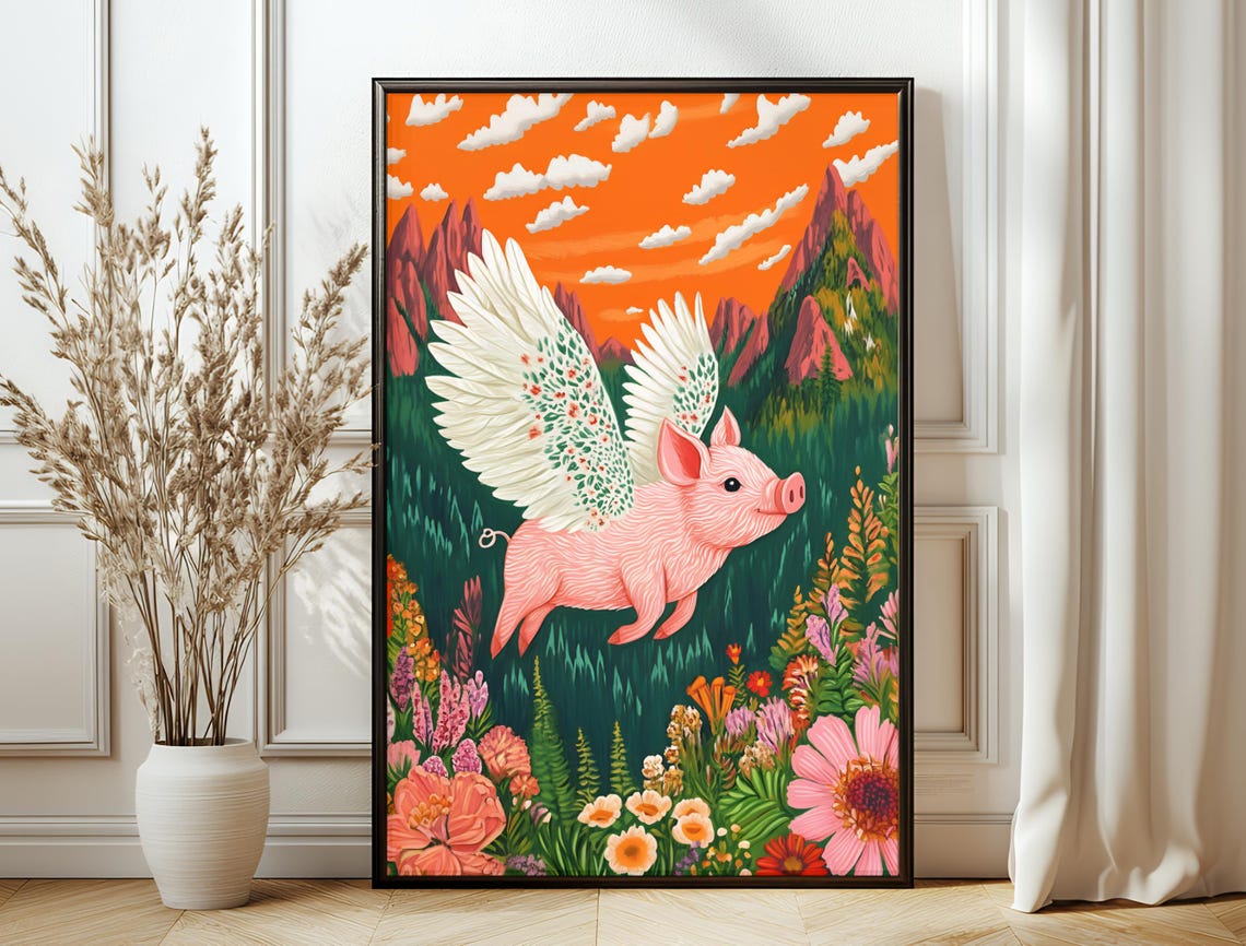 Winged Pink Pig Flower Meadow Sunset Peaks Magical Art Poster