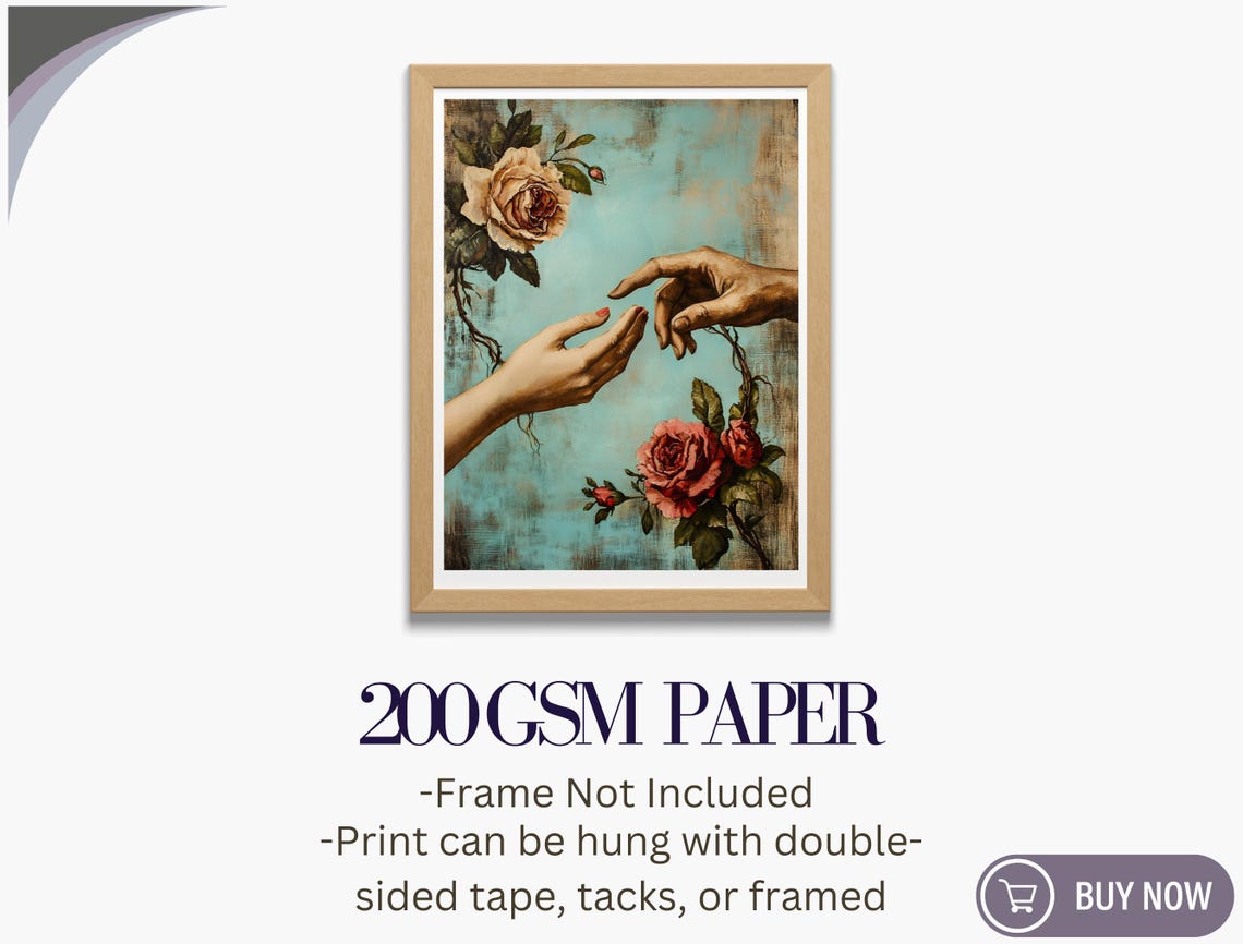 Reaching Hands Red Roses Teal Vintage Romance Floral Wall Art Print - Image 5