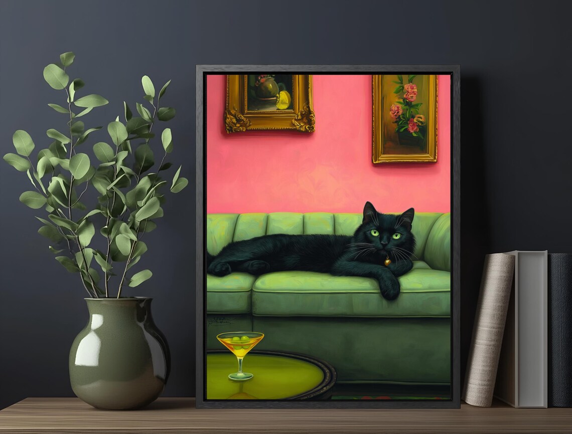 Black Cat Green Velvet Sofa Martini Retro Pink Midcentury Cat Art Poster - Image 5