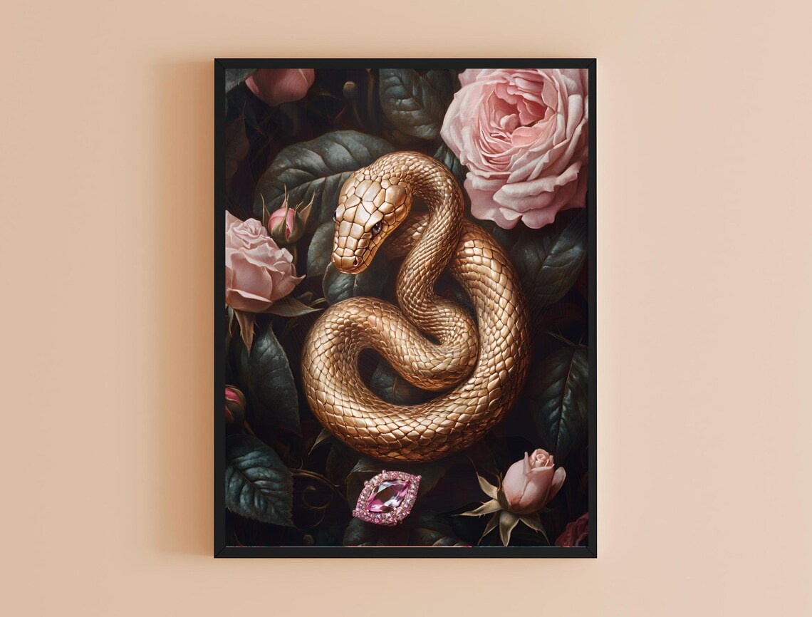 Golden Snake Pink Roses Gemstone Dark Moody Botanical Wall Art Print - Image 4