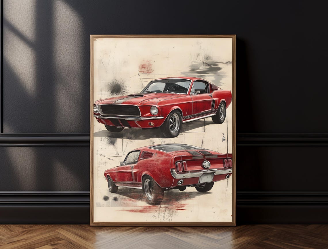 Red Ford Mustang Fastback Front Rear Vintage Sketch Car Wall Poster