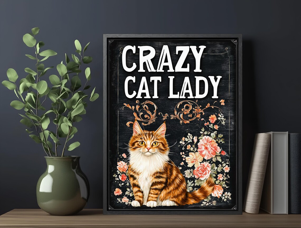 Crazy Cat Lady Orange Tabby Cat Pink Roses Floral Pet Lover Art Poster - Image 6