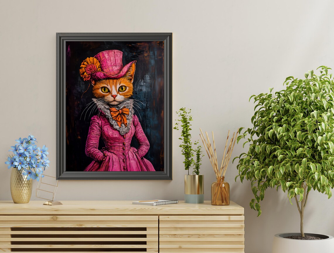 Victorian Cat Portrait Pink Dress Top Hat Vintage Funny Wall Art Poster - Image 3