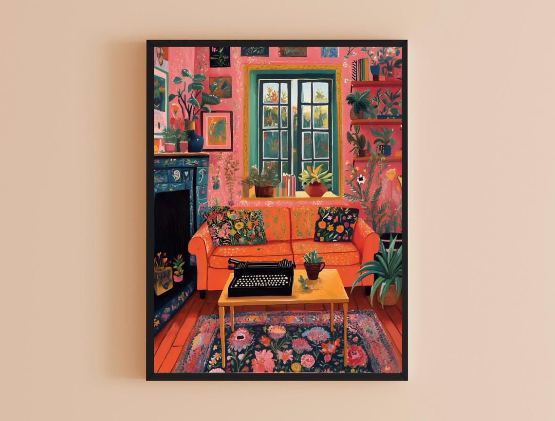 Matisse Inspired Maximalist Living Room Orange Sofa Plants Art Print - Image 4
