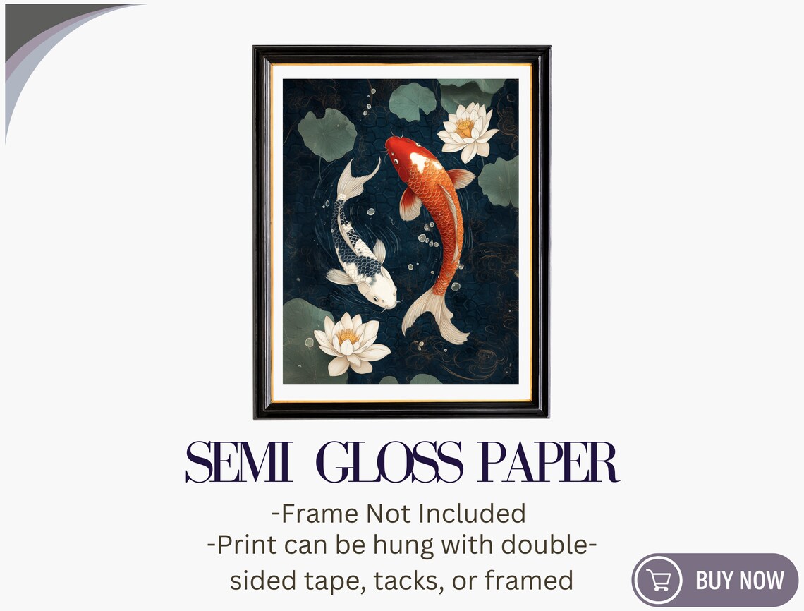 Koi Fish Pond Japanese Style Art Print Lotus Flowers Black Water Poster - Image 6
