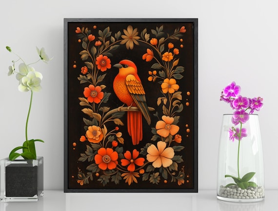 Moody Dark Floral Bird Print Orange Songbird Red Blossoms Vintage Poster