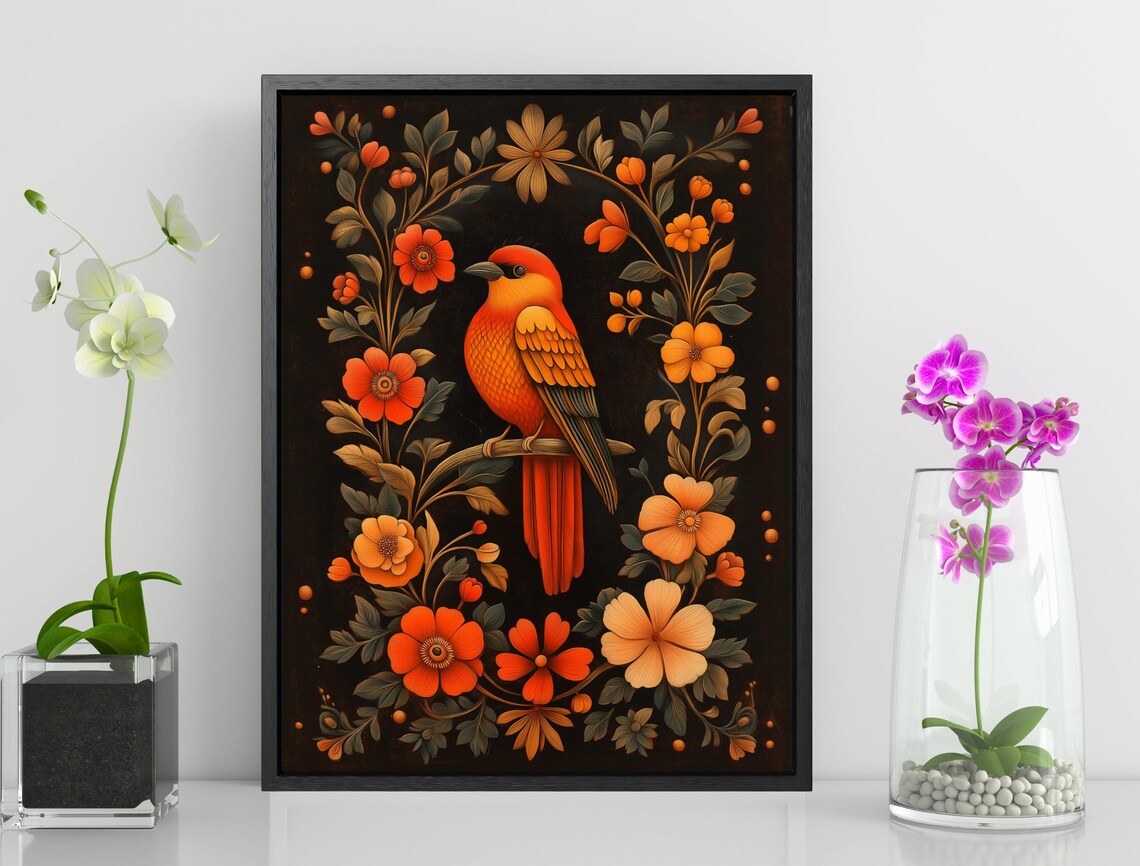 Moody Dark Floral Bird Print Orange Songbird Red Blossoms Vintage Poster