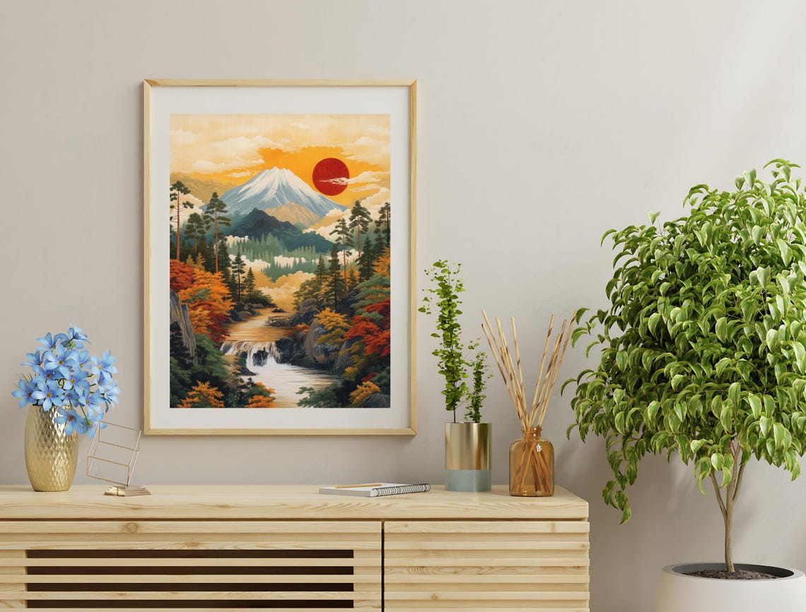 Mount Fuji Red Sun Waterfall Autumn Pines Japanese Art Wall Poster - Image 2