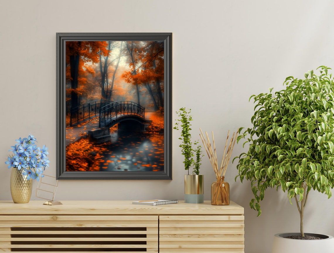 Misty Autumn Park Iron Bridge Falling Leaves Fall Landscape Art Poster - Image 3