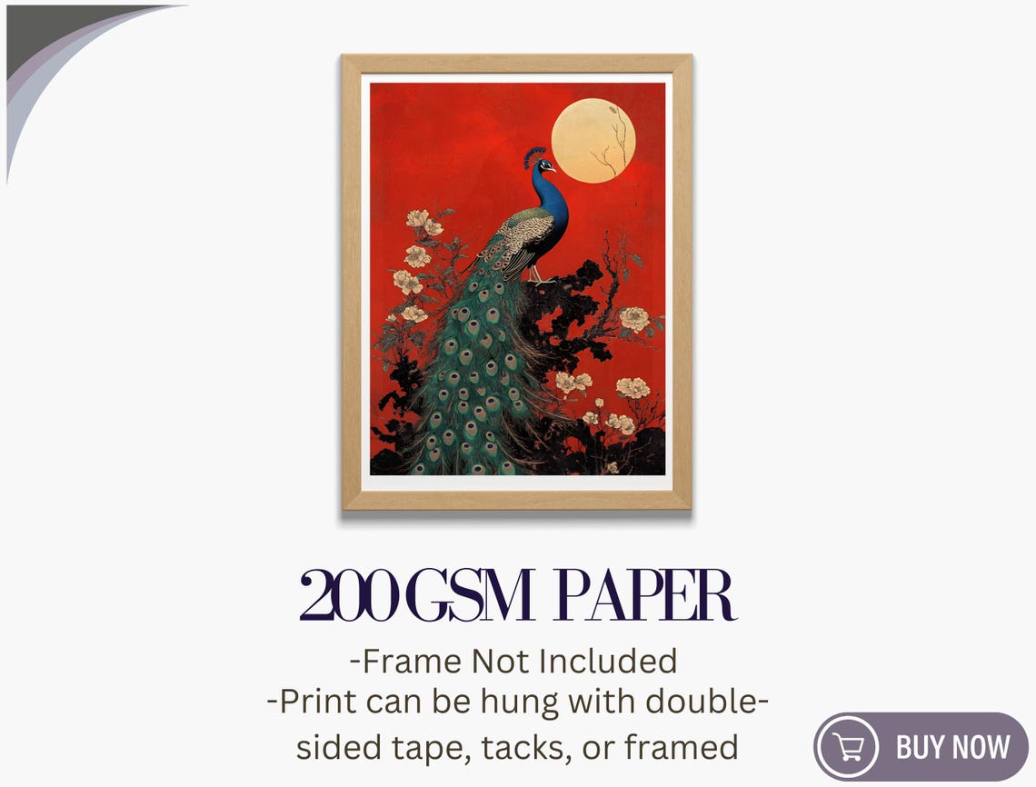 Peacock Full Moon Red Background Japanese Style Bird Art Poster - Image 5