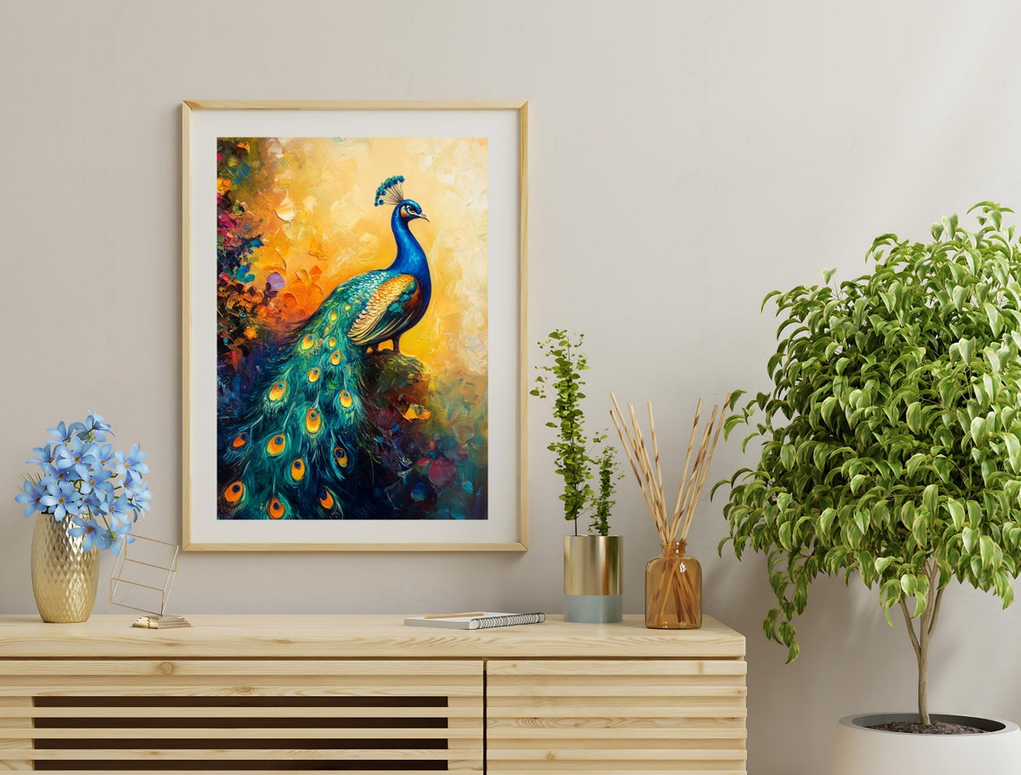 Peacock Perched Blue Gold Impressionist Garden Painterly Art Poster - Image 3