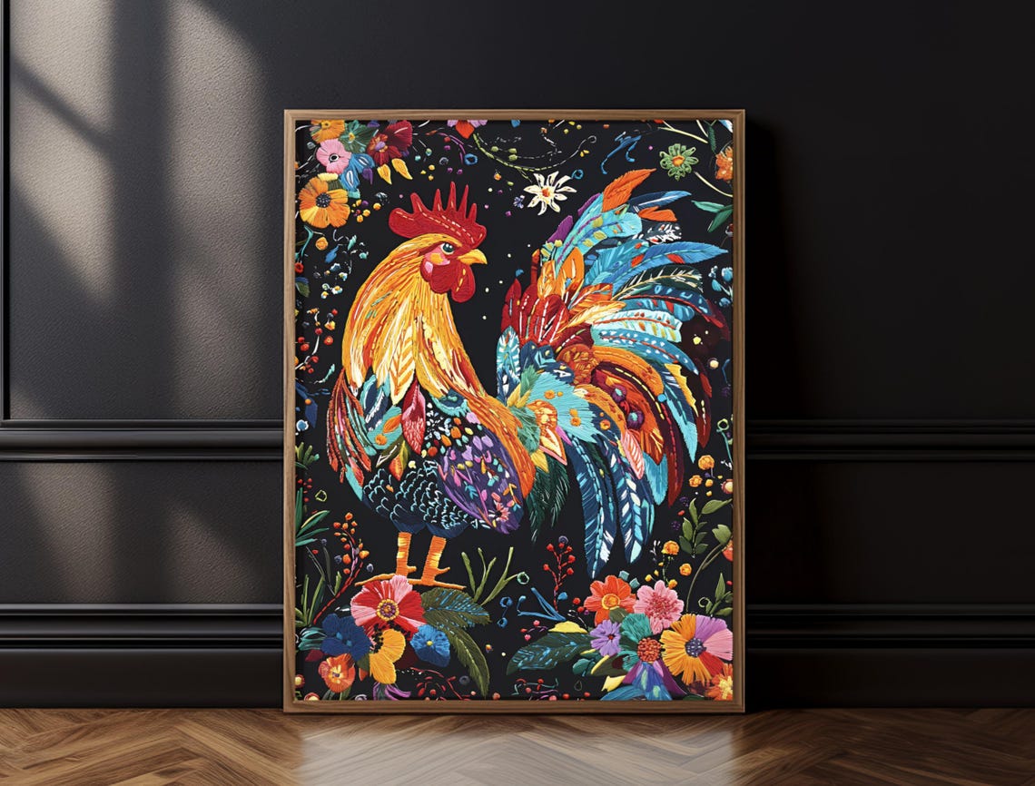 Proud Colorful Rooster Rainbow Tail Feathers Floral Dark Art Print