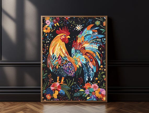 Moody Vintage Art Print Large Floral Bird Dark Maximalist Wall Art For Home Office Bold Colorful Decor