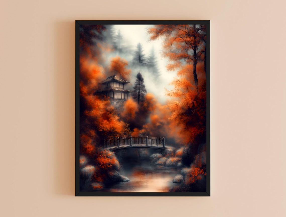 Japanese Pagoda Autumn Maple Misty Bridge Fall Landscape Art Poster