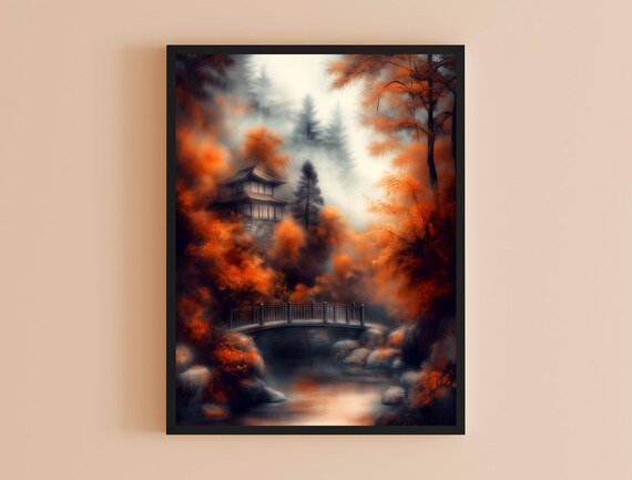 Japanese Pagoda Autumn Maple Misty Bridge Fall Landscape Art Poster