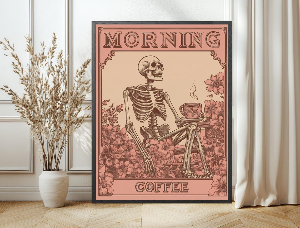 Skeleton Morning Coffee Cup Pink Blossom Retro Kitchen Print Poster - Image 6